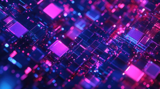 Abstract technology background illustrating data processing and communication within a futuristic circuit board, featuring glowing interconnected elements in vibrant blue and magenta neon lights - Powered by Adobe