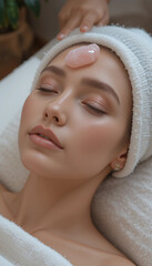 Facial massage with rose quartz on a serene woman in a spa setting
