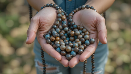 Hands holding colorful prayer beads in a natural outdoor setting
