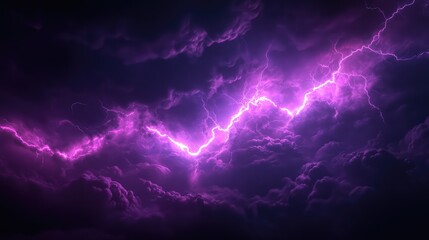 Intense purple lightning bolts illuminating a dark, turbulent sky filled with dramatic cumulonimbus storm clouds, creating a powerful and electrifying weather scene during a nocturnal thunderstorm