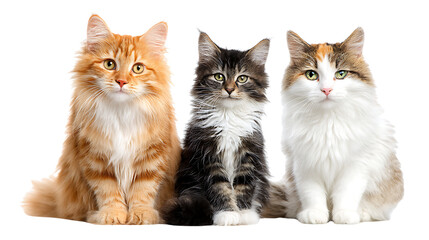 Obraz premium Three fluffy domestic kittens of different colors sitting together isolated on transparent background