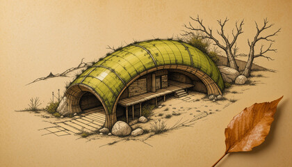 Eco-futuristic hybrid sketch of a partially sunken shelter house
