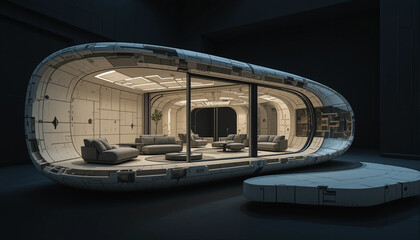 Futuristic architectural cross-section of a compact living capsule with open interiors
