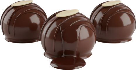 Three glossy chocolate truffles with decorative white chocolate tops arranged elegantly on a surface showcasing rich textures and tempting designs for dessert lovers