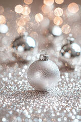 Silver Christmas ornament with sparkling bokeh lights, festive holiday background for seasonal marketing, celebration, decoration, and greeting designs.