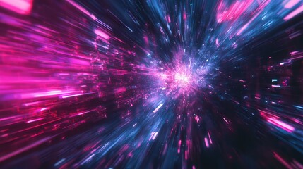 Naklejka premium Abstract tunnel of vibrant glowing neon light streaks moving at high speed, representing concepts of data stream, advanced technology, energy, and digital connection