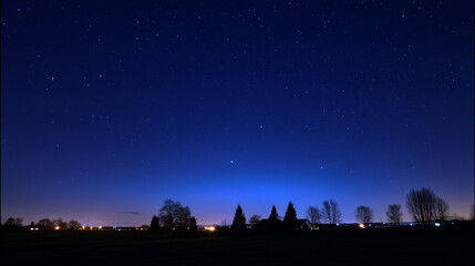 Fototapeta premium Enchanting Starry Night Sky Over Misty Rural Village with Wooden Houses and Trees