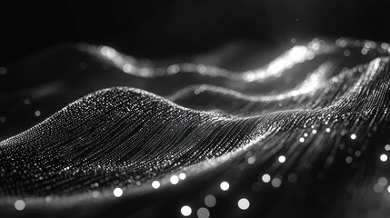 Abstract digital particles forming undulating waves, illustrating complex data flow and interconnected networks within modern technology and scientific concepts