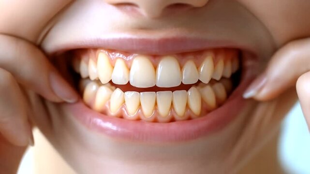 Close up of a persons mouth showing teeth and gums.