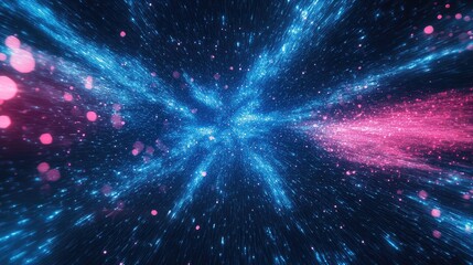 Obraz premium Abstract glowing energy particles moving rapidly through a dark space, creating a dynamic visual representing data flow, explosion, or warp speed travel in a digital universe