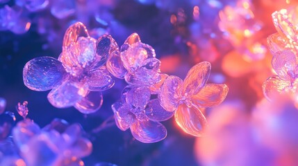 Translucent crystalline flowers shine with glowing neon light, reflecting vibrant purple, pink, and orange hues in an abstract, futuristic botanical design
