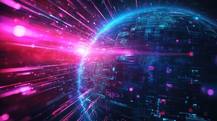 Digital global sphere showing high speed data flow and information radiating outwards, symbolizing global communication, advanced technology, and rapid data transfer in a futuristic network