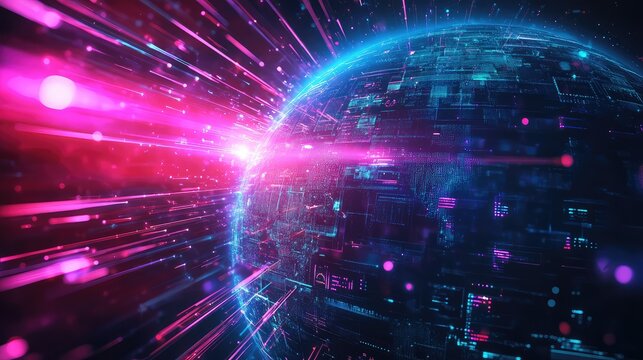Digital global sphere showing high speed data flow and information radiating outwards, symbolizing global communication, advanced technology, and rapid data transfer in a futuristic network - Powered by Adobe