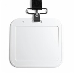A close-up of a blank, white ID badge on a black lanyard