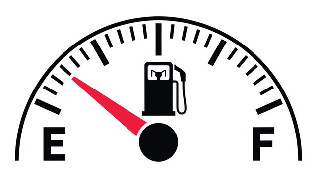 fuel gauge icon showing low fuel level warning with empty to full indicator, gas pump symbol, automotive dashboard vector illustration