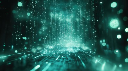 Digital particles creating a vibrant light stream flowing from an overhead source onto a reflective surface, representing data, technology, and connection in an abstract cyberspace environment