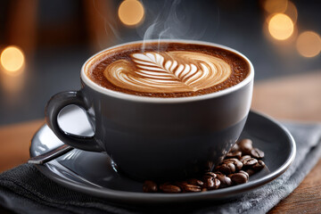 Steaming cup of coffee with latte art and coffee beans