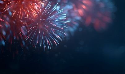 Red and blue fireworks exploding in the dark night sky. Celebration light show for Fourth of July or New Years Eve holiday background.