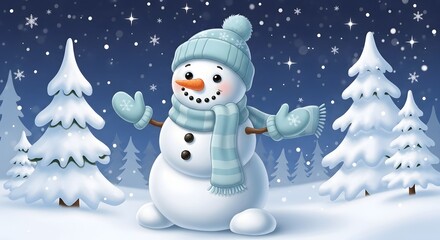 Obraz premium Cute snowman standing in a winter forest at night. Christmas holiday and seasonal celebration. Happy character with blue scarf and hat under starry sky