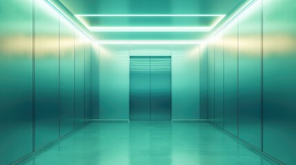 Fototapeta premium Empty hallway featuring sleek metallic walls and a reflective floor, illuminated by vibrant, linear teal neon lights creating a clean, high tech and minimalist interior space