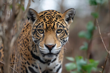 Obraz premium A striking jaguar gazes intensely from its lush surroundings, emphasizing the beauty of wildlife, conservation, and the thrilling encounters with nature.