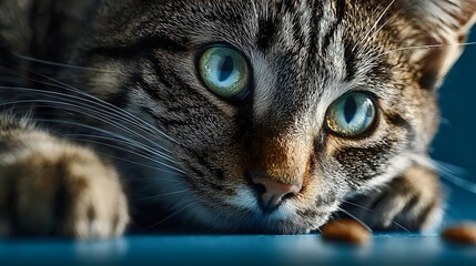 Close-up portrait of adorable tabby kitten with striking blue-green eyes looking directly at camera, soft natural lighting highlighting whiskers and fur texture.
