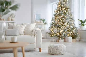 Fototapeta premium Minimalist living room with christmas tree decorated with golden lights. Cozy home interior design for holiday season celebration.