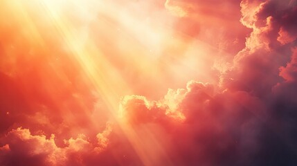 Fototapeta premium Glowing golden clouds and radiant sun rays pierce a warm orange red sky, creating a dramatic, ethereal atmosphere of light and shadow that feels spiritual and hopeful