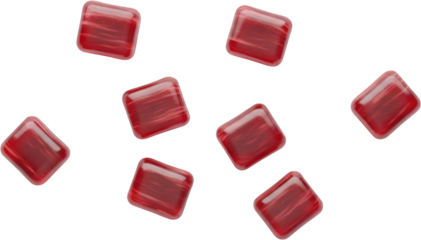 Realistic red jelly candies scattered on a flat surface featuring a glossy sheen and square shape adding a vibrant and appetizing visual appeal to any design project