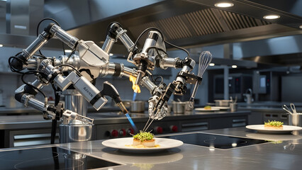Advanced Dual-Arm Robotic Chef Precisely Searing and Plating Gourmet Fine Dining Dish with Blowtorches in Professional Kitchen Restaurant