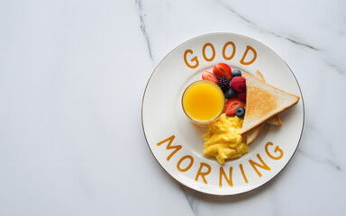 A cheerful breakfast food plate with 'Good Morning' text on a white surface. Happy positive breakfast.