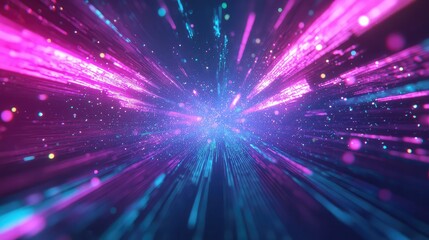 Abstract background showing bright blue and pink neon light rays converging towards a central point, creating a futuristic effect of speed, data flow, and energetic connectivity