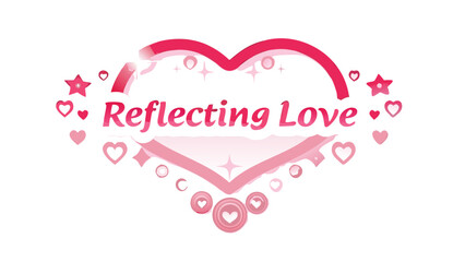 A heart shaped mirror reflecting love with pink text and decorative hearts, stars, and sparkles on a white background