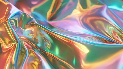 Iridescent holographic foil creates a dynamic, fluid surface reflecting a spectrum of vibrant pastel colors, forming abstract light patterns and a modern, futuristic background texture