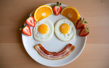 A cheerful breakfast food, fried eggs & fruits plate with a smiling face on wooden table. Happy positive breakfast.