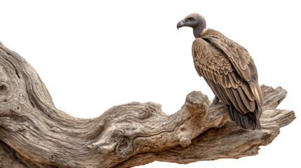 Rppells griffon vulture perched on a dry, weathered tree branch isolated on transparent background