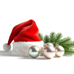 a santa hat and christmas decorations golden ball on a white background