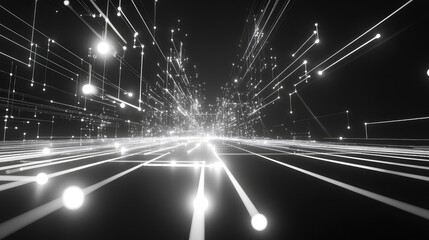 Abstract digital representation of a futuristic global network showing glowing lines and connecting points, visualizing big data flow, internet communication, and modern technology infrastructure