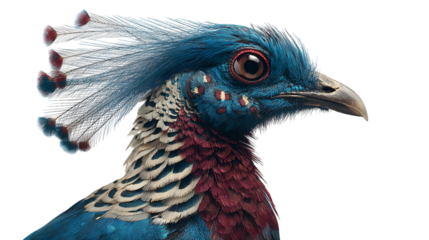 Closeup portrait of a vibrant blue and maroon crowned bird isolated on transparent background