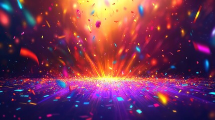 Dynamic background creating a festive atmosphere with glowing light rays and falling colorful confetti, symbolizing celebration, party, and achievement
