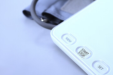 Blood pressure measuring device isolated on table no people stock photo stock image