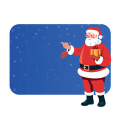 Vector illustration of Santa Claus holding a gift and pointing at empty copy space on blue background. Ideal for Christmas banners, holiday promotions, social media and website headers.