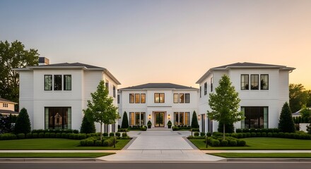 Fototapeta premium Luxury white modern residential house exterior at sunset. Real estate wealth and suburban dream home. Large family mansion with green lawn and paved driveway in evening light
