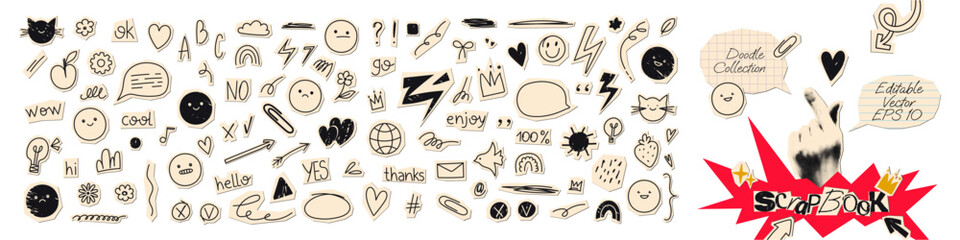 Collage funny elements set, cut out of paper hand drawn doodles, scribble shapes collection. Grunge clipping funky element stickers for scrapbook Vector illustration isolated on transparent background