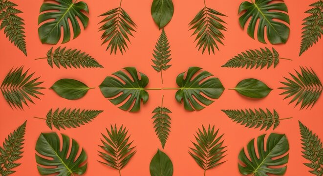 Symmetrical Tropical Leaves on Orange Background - Powered by Adobe