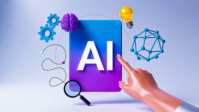 Stylized AI concept with central “AI” block surrounded by icons of brain, hand, gears, stethoscope, and molecular structure - Powered by Adobe