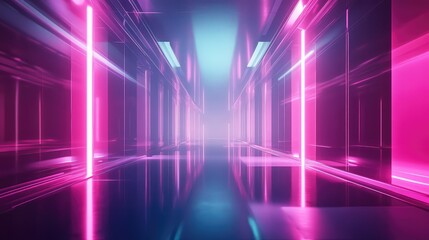 Abstract visual representing a modern neon lit tunnel with vibrant glowing lines and a reflective floor, symbolizing future technology, digital transformation, and fast data transfer