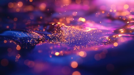 Abstract liquid surface depicting shimmering purple, blue, and orange light creating dynamic waves and sparkling bokeh effects, conveying concepts of energy and flow