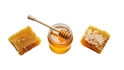 sweet honey in a jar with dipper and honeycomb display in photorealistic high-angle shot, evoking the pure essence of nature's golden elixir. Isolated On Transparent and White Background