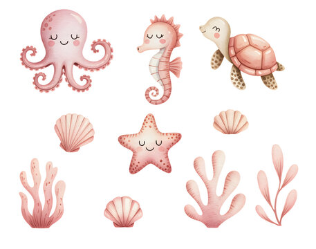 Adorable sea life watercolor characters.